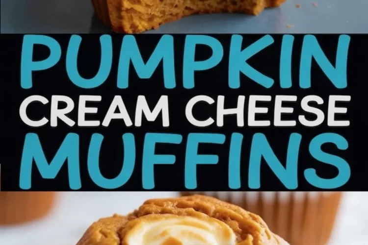 Two-photo collage of halved pumpkin cream cheese muffins on a blue plate, showcasing moist texture and creamy filling with bold "Pumpkin Cream Cheese Muffins" text.