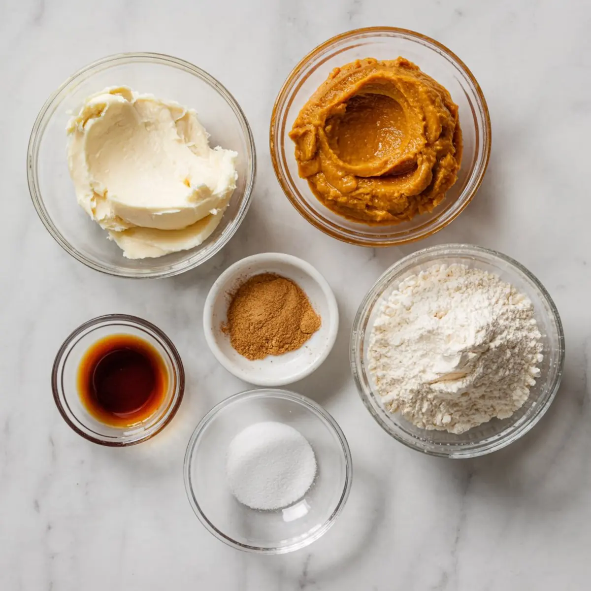 Flat lay of ingredients for pumpkin cream cheese including cream cheese, pumpkin puree, flour, sugar, ground spices, vanilla extract, and salt in glass and ceramic bowls on a marble surface.