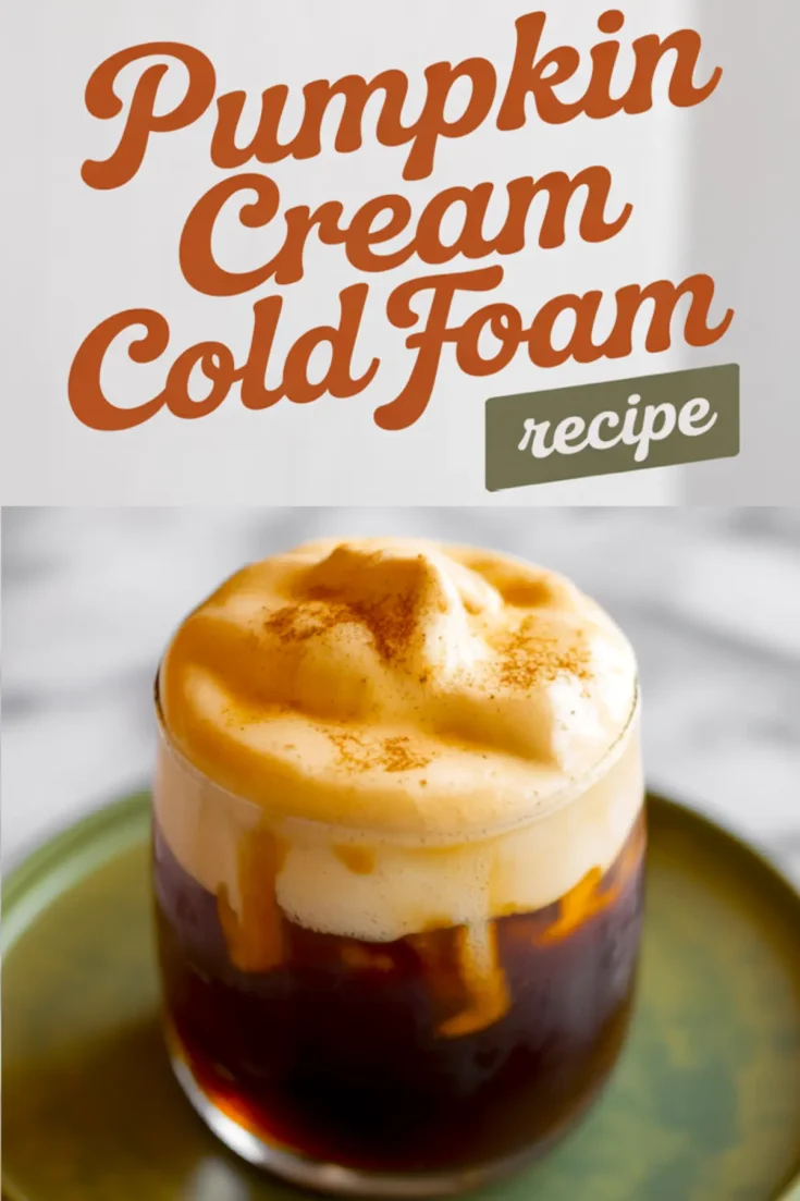 A glass of cold brew topped with thick pumpkin cream cold foam, garnished with a sprinkle of cinnamon, placed on a green ceramic plate with “Pumpkin Cream Cold Foam recipe” text above.