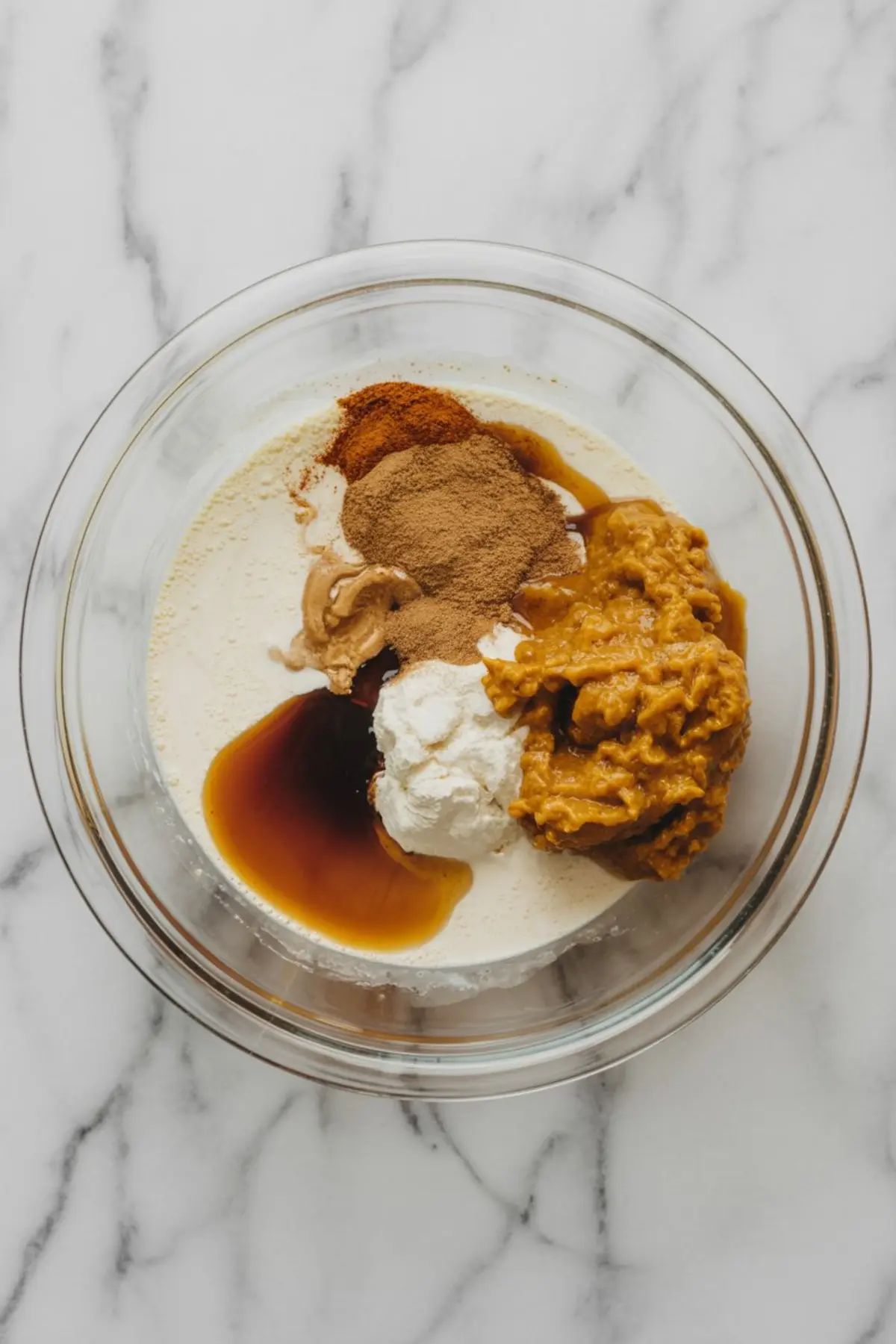 A glass mixing bowl filled with ingredients for pumpkin cream cold foam, including pumpkin purée, Greek yogurt, maple syrup, vanilla extract, cinnamon, and pumpkin pie spice on a white marble surface.