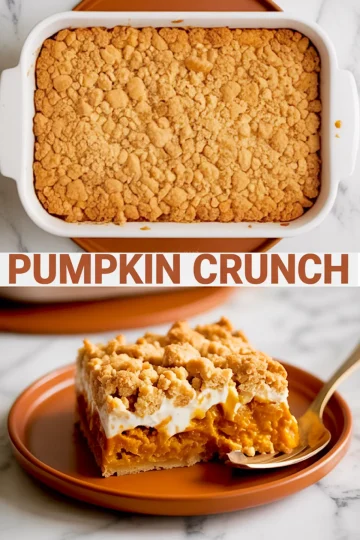 Baked pumpkin crunch dessert in a white casserole dish with a crumbly golden topping, next to a slice on a plate showing pumpkin filling and creamy layers.