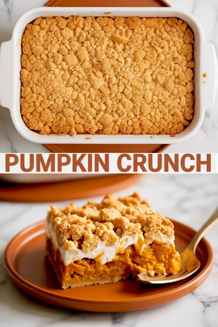 Baked pumpkin crunch dessert in a white casserole dish with a crumbly golden topping, next to a slice on a plate showing pumpkin filling and creamy layers.
