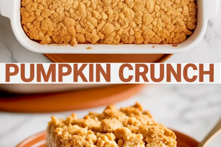 Baked pumpkin crunch dessert in a white casserole dish with a crumbly golden topping, next to a slice on a plate showing pumpkin filling and creamy layers.