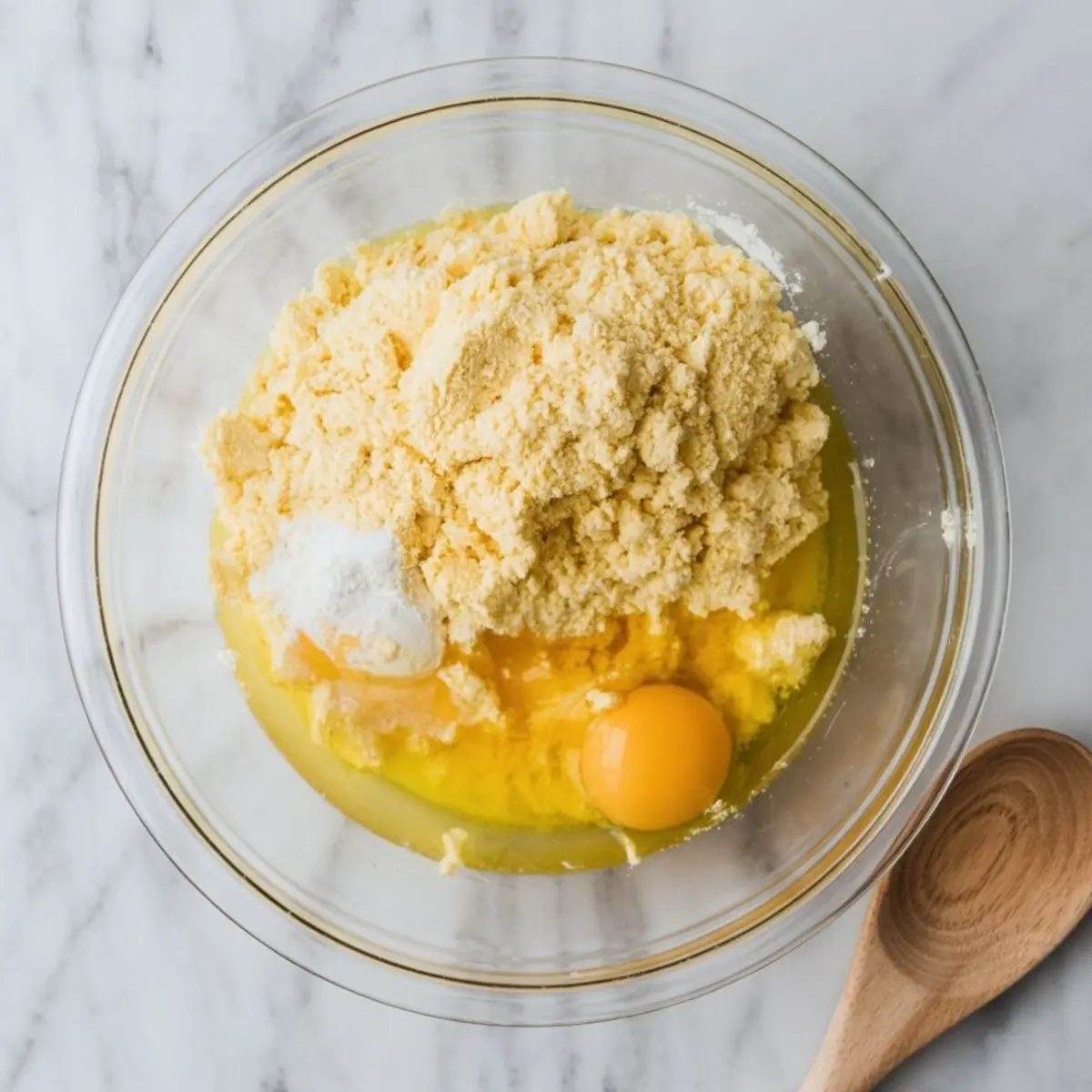Glass mixing bowl with yellow cake mix, eggs, and butter on a marble surface, ready to be combined for a pumpkin crunch dessert.