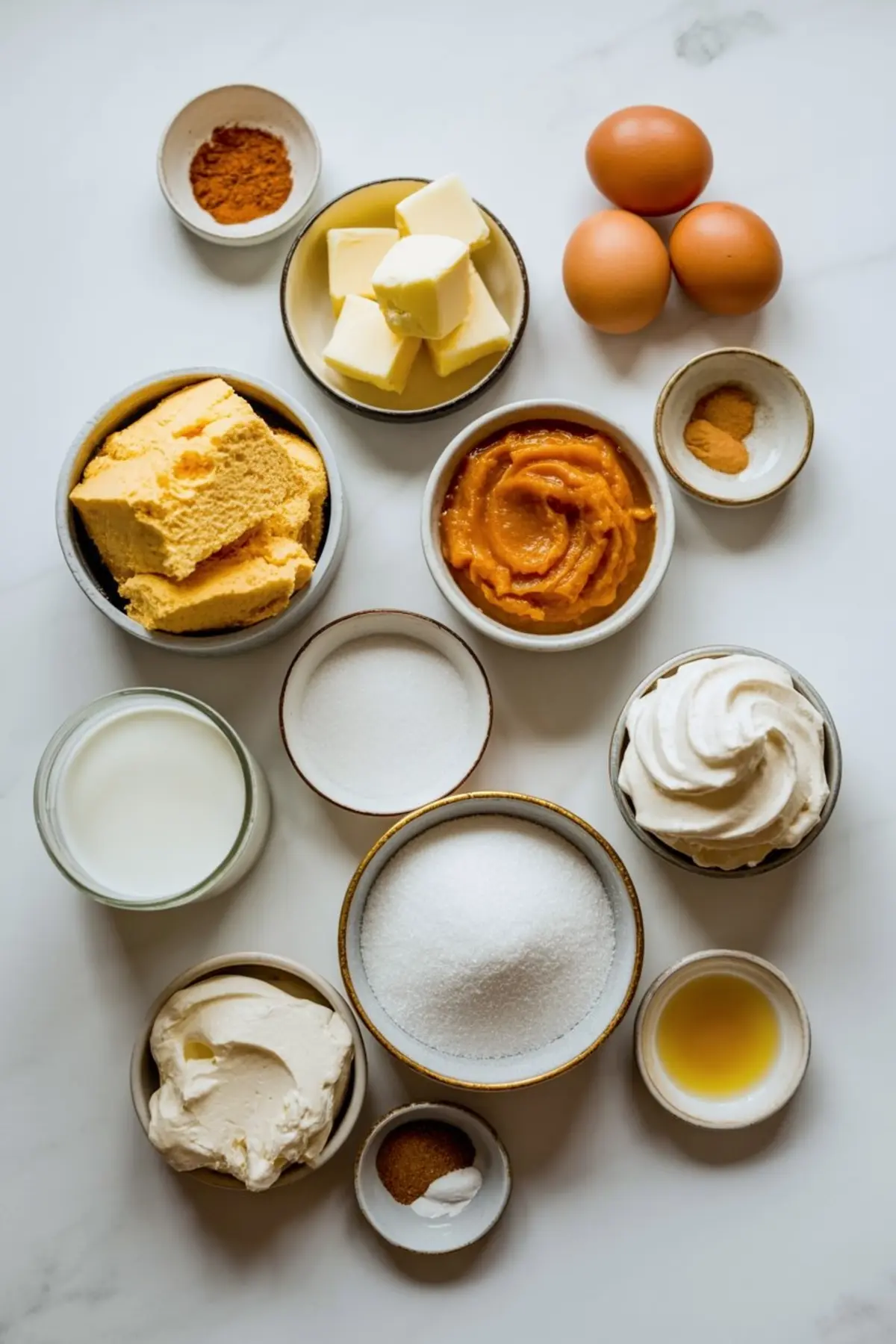 Flat lay of pumpkin crunch dessert ingredients including eggs, butter, pumpkin puree, sugar, milk, whipped topping, cream cheese, and spices on a white surface.