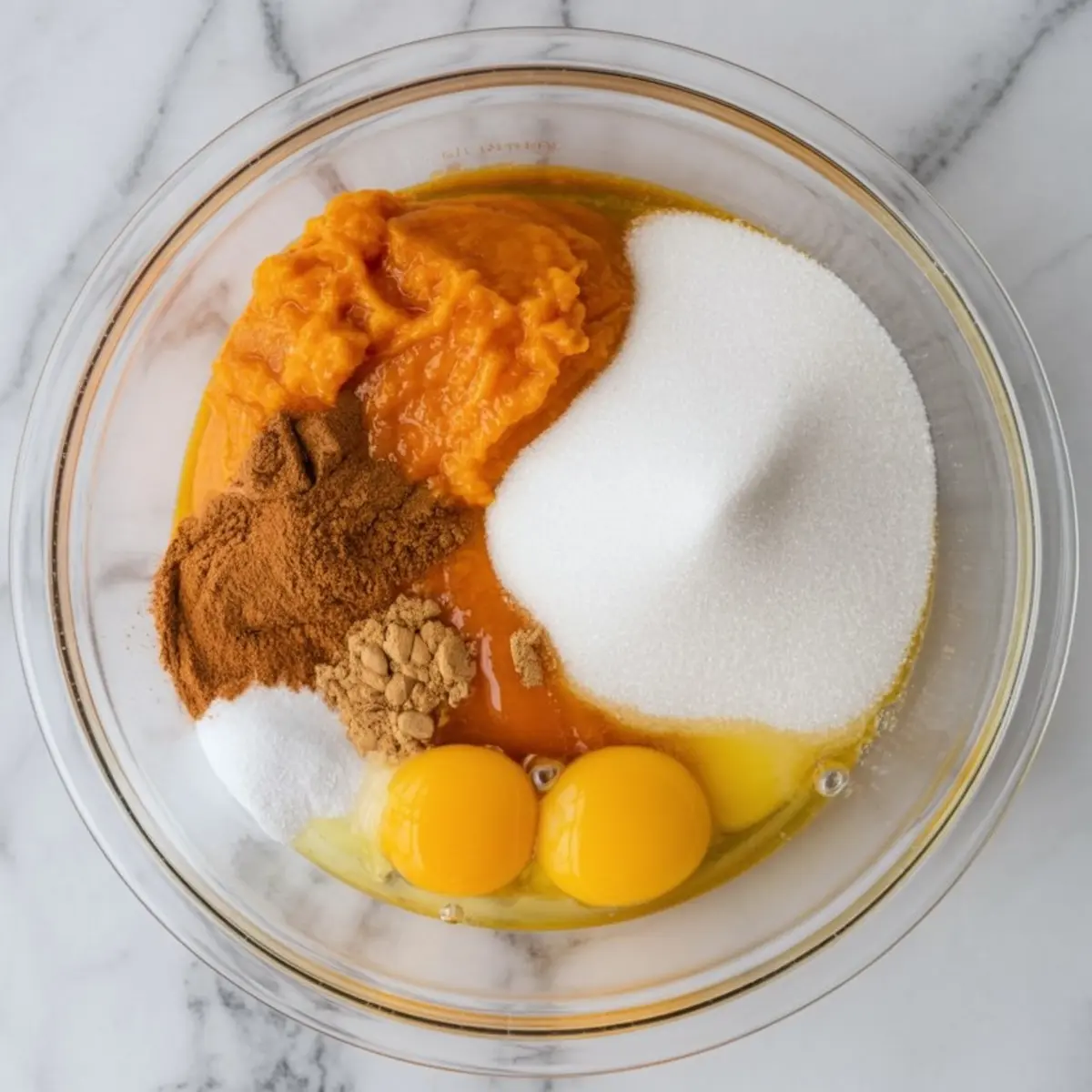 Mixing bowl filled with pumpkin puree, sugar, eggs, cinnamon, ginger, and spices for making a pumpkin crunch filling.