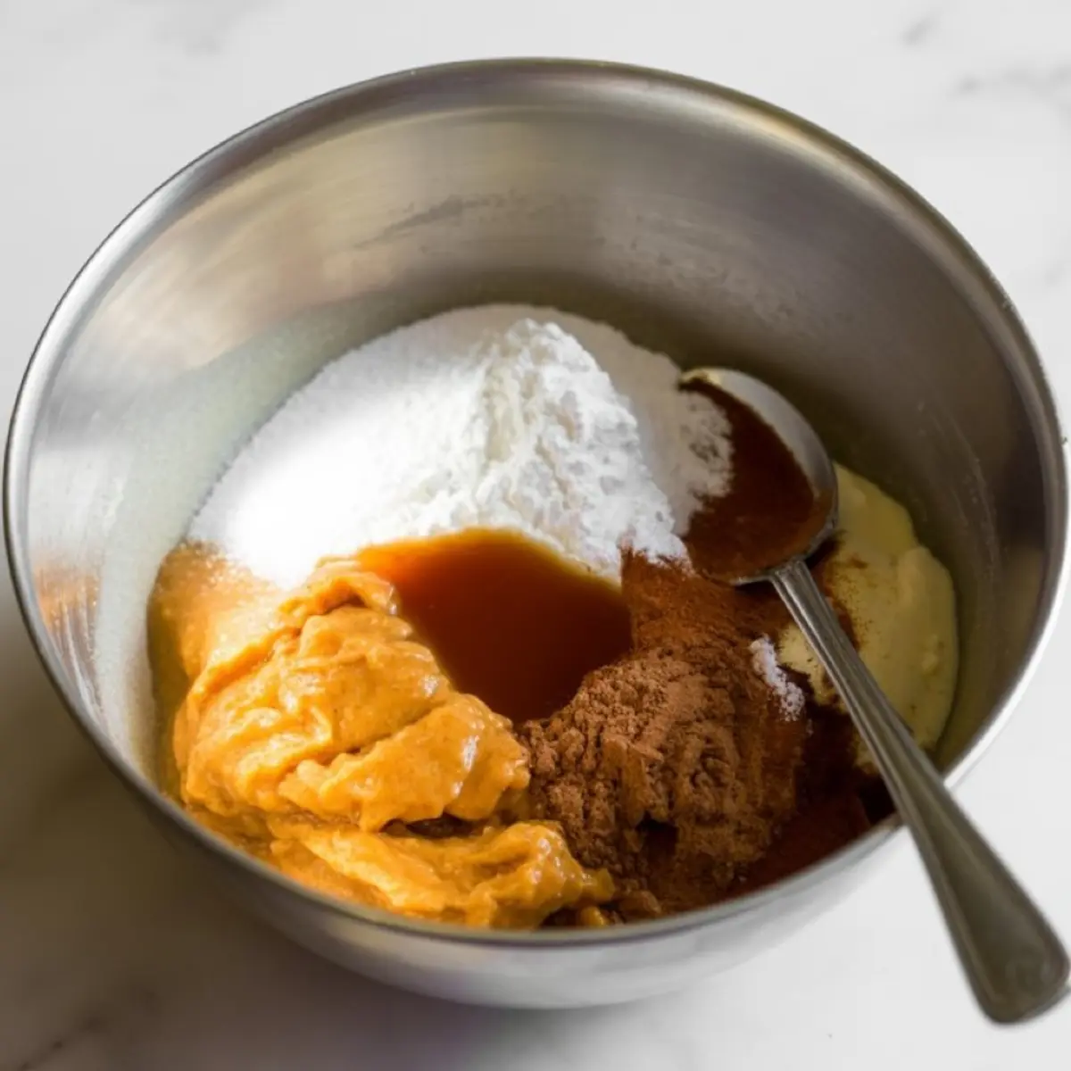 Mixing bowl with ingredients for pumpkin pie dip including pumpkin puree, powdered sugar, cream cheese, vanilla extract, and cinnamon on a white marble surface.