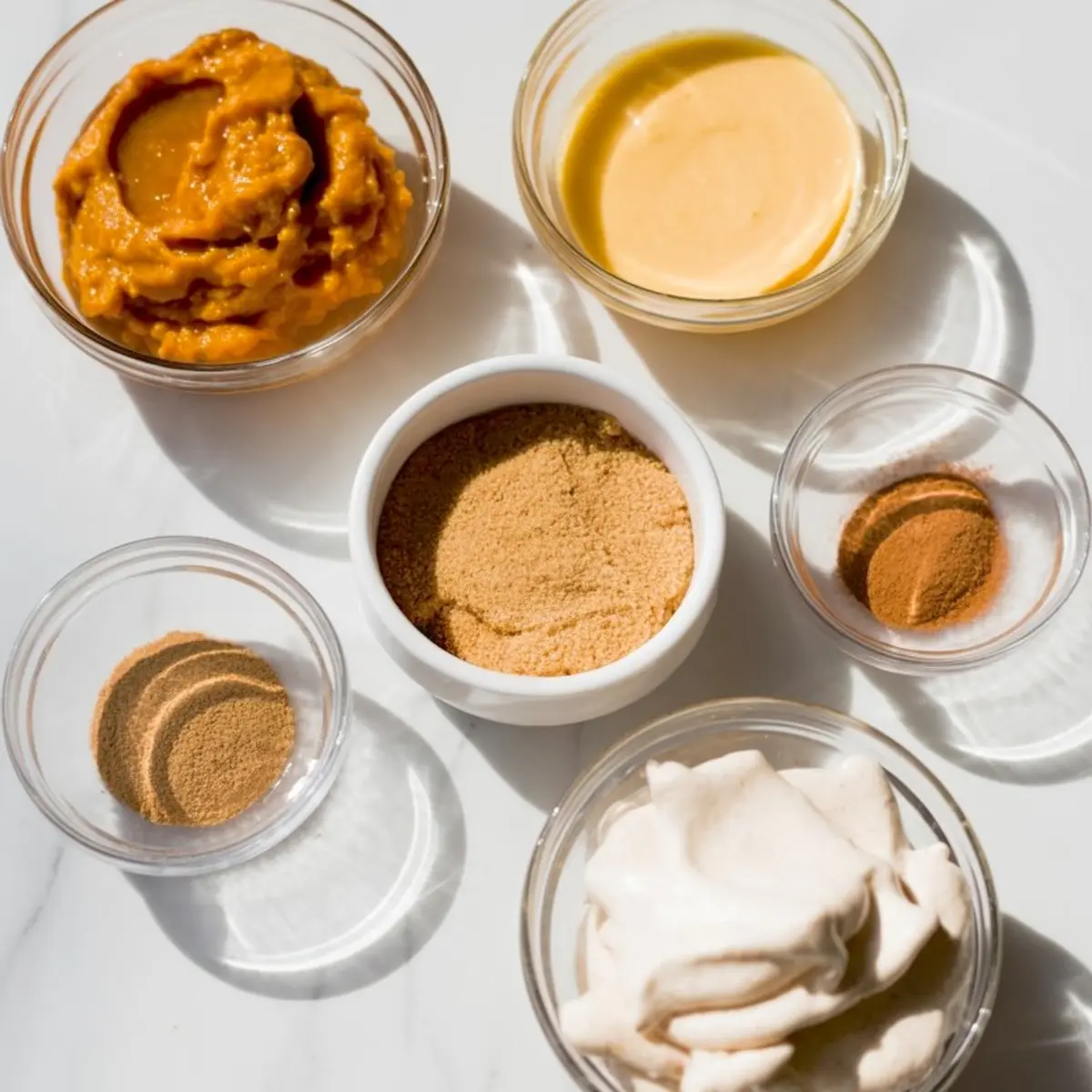 Overhead shot of small glass and ceramic bowls containing pumpkin puree, maple syrup, coconut sugar, pumpkin pie spice, cinnamon, and whipped coconut cream on a white surface, showing ingredients for a vegan pumpkin fluff dessert.
