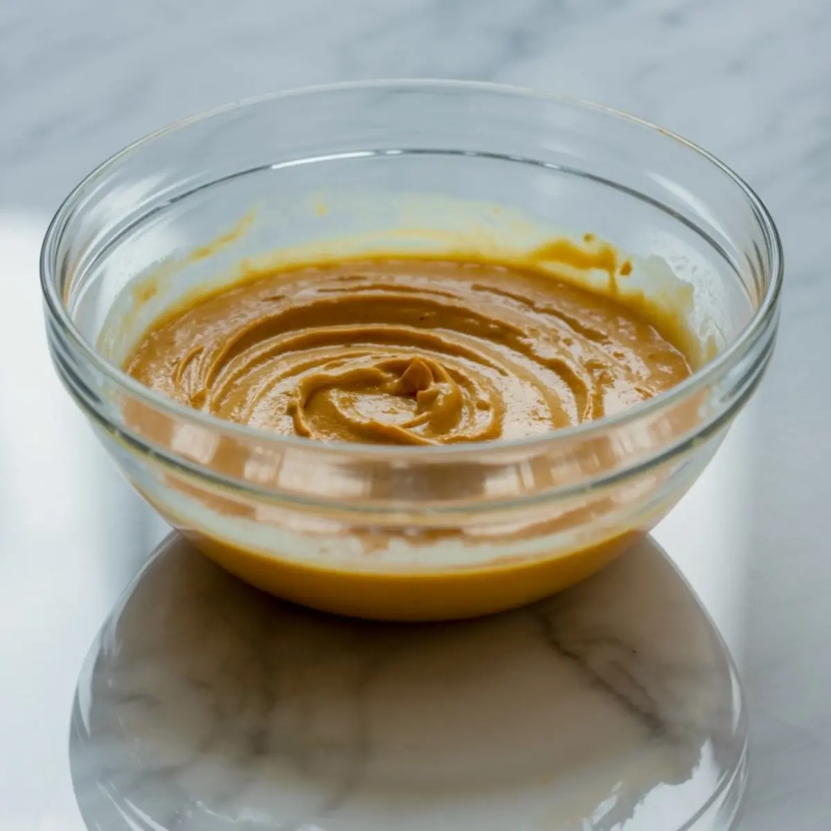Smooth blended pumpkin mixture in a glass bowl on a marble surface, showing the creamy consistency of the pumpkin fluff base after mixing.