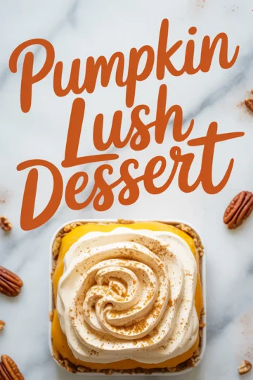 Top-down view of pumpkin lush dessert topped with piped whipped topping and cinnamon, surrounded by pecans, with text reading “Pumpkin Lush Dessert.”