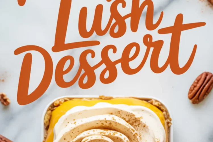 Top-down view of pumpkin lush dessert topped with piped whipped topping and cinnamon, surrounded by pecans, with text reading “Pumpkin Lush Dessert.”