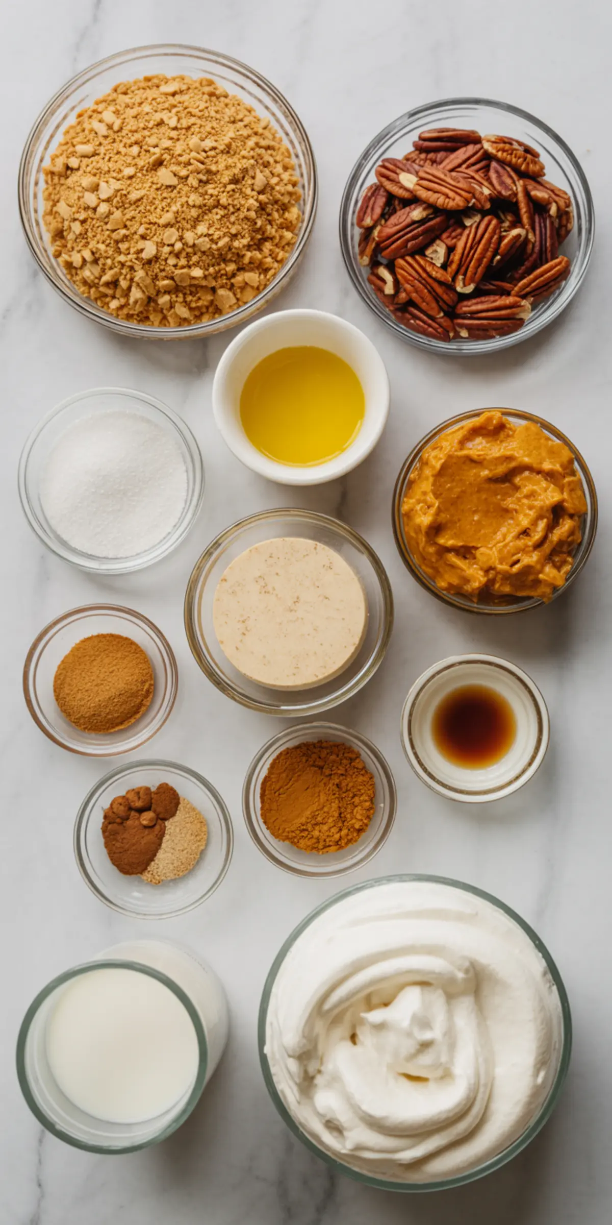 Overhead view of pumpkin lush dessert ingredients on a marble surface, including graham cracker crumbs, pecans, pumpkin puree, whipped topping, granulated sugar, coconut sugar, vanilla extract, plant-based milk, melted butter, protein powder, and autumn spices like cinnamon, nutmeg, and ginger.