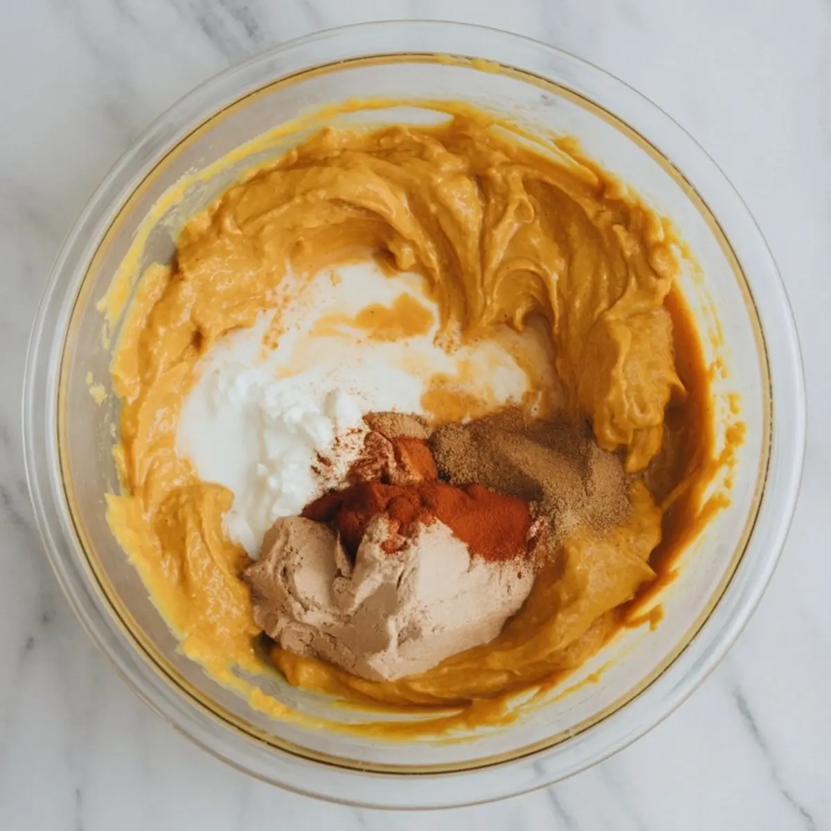Glass bowl with partially mixed pumpkin dessert filling featuring creamy pumpkin puree blended with yogurt, protein powder, cinnamon, nutmeg, and plant-based milk.