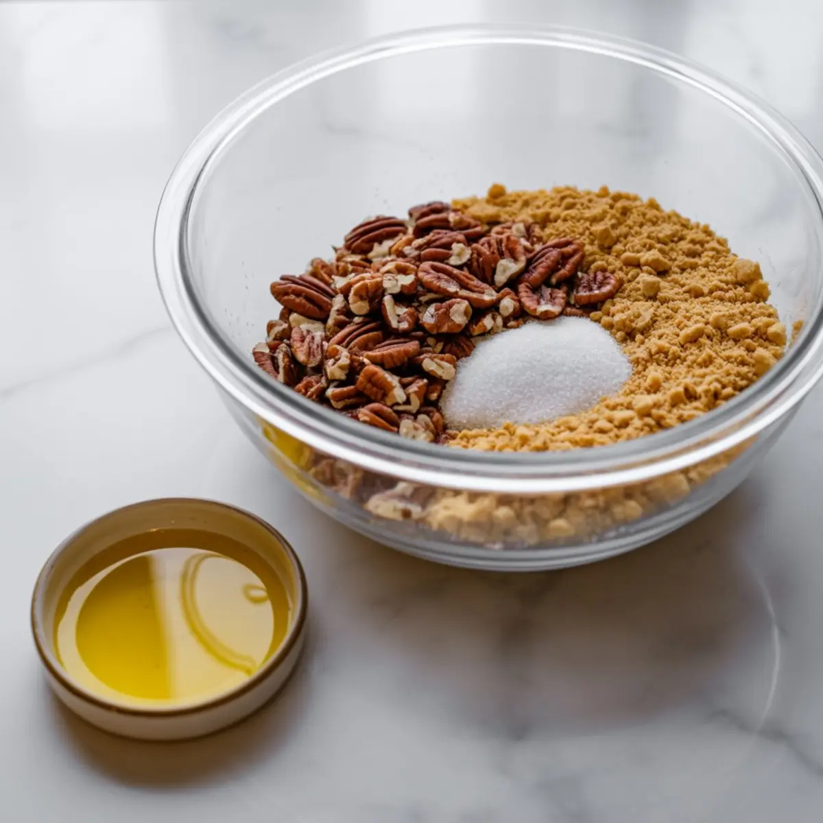 Mixing bowl with crust ingredients showing graham cracker crumbs, chopped pecans, and granulated sugar, alongside a small bowl of melted butter on a marble background.