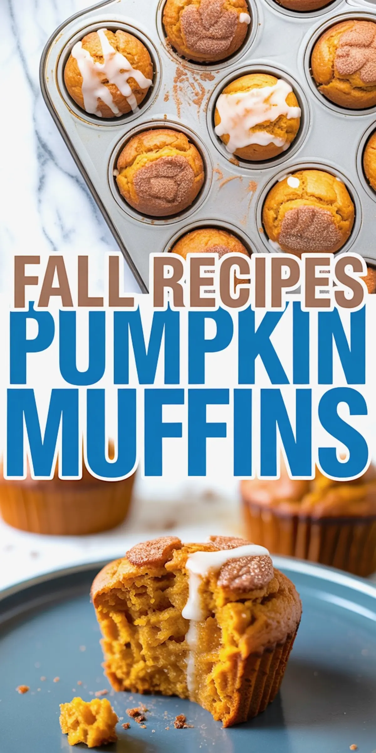 Collage of iced pumpkin muffins in a muffin tin with a close-up of a moist muffin with a bite taken out, topped with cinnamon sugar and white icing.