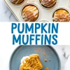 Collage of glazed pumpkin muffins in a white muffin tray, paired with a bitten muffin on a blue plate showing its soft and airy interior.
