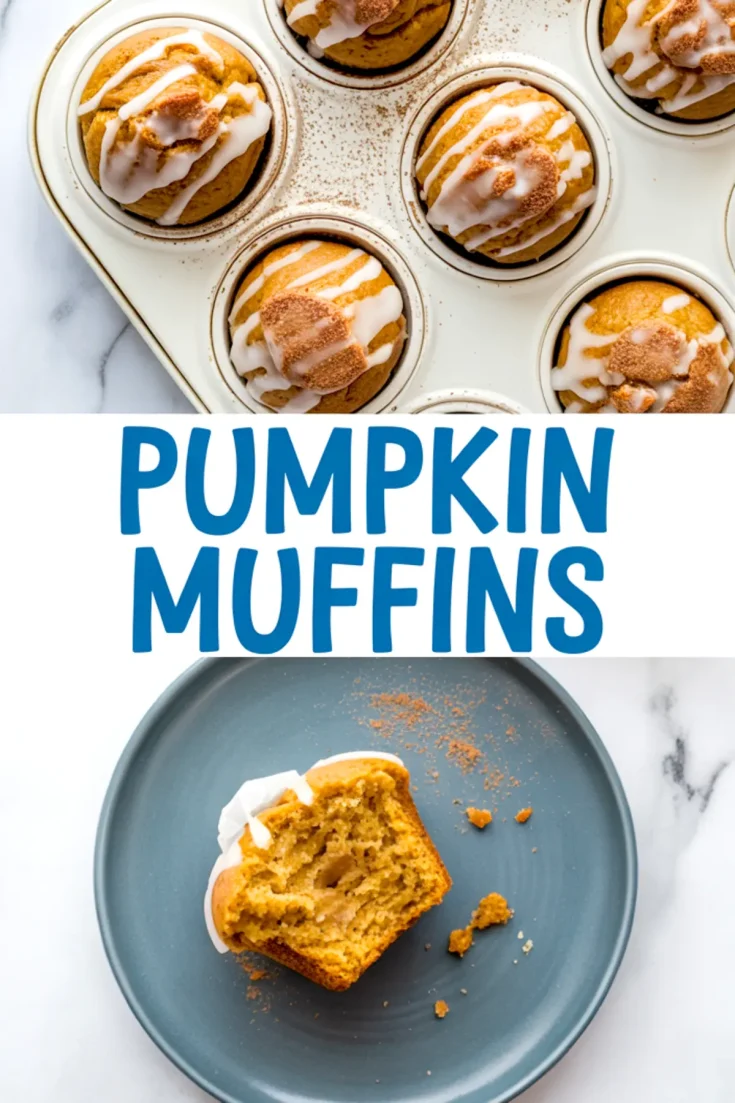 Collage of glazed pumpkin muffins in a white muffin tray, paired with a bitten muffin on a blue plate showing its soft and airy interior.
