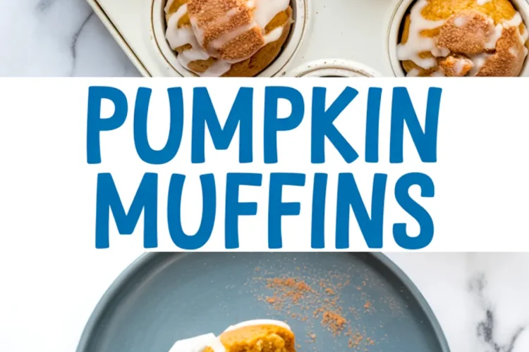 Collage of glazed pumpkin muffins in a white muffin tray, paired with a bitten muffin on a blue plate showing its soft and airy interior.