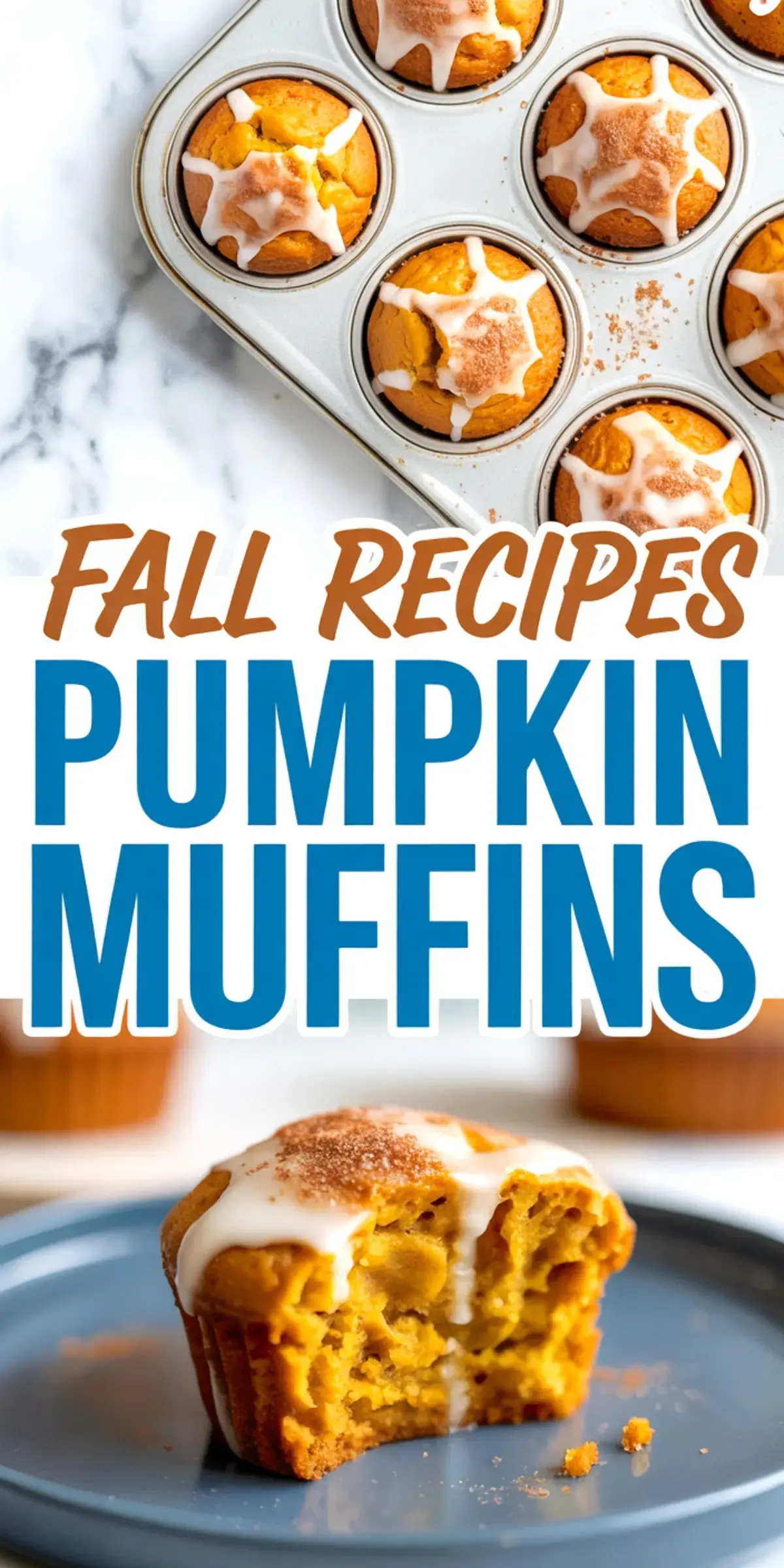 Collage of freshly baked pumpkin muffins with icing drizzle and cinnamon topping in a metal muffin pan, and a close-up of a broken muffin with visible crumb texture.