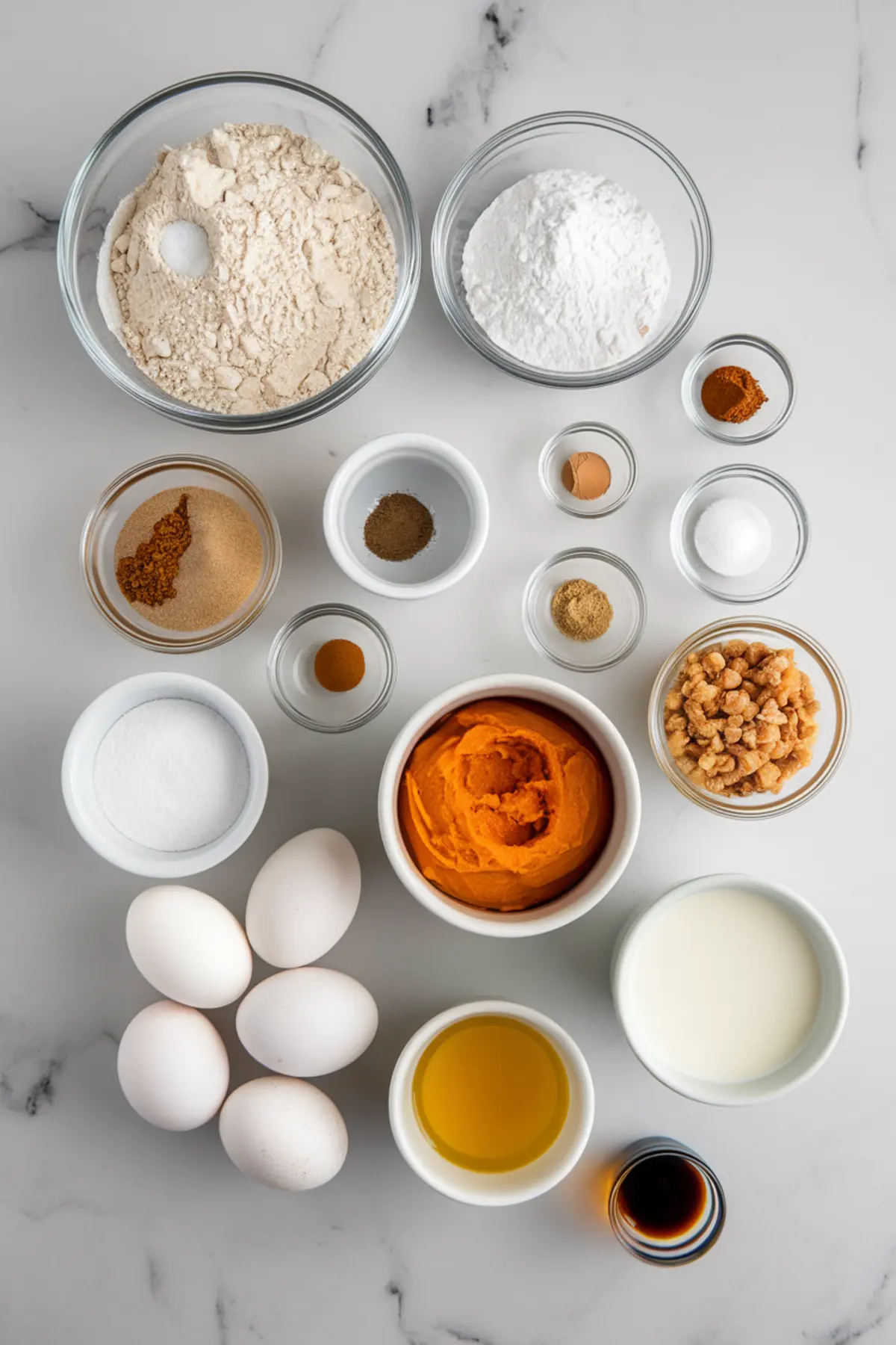 Overhead view of pumpkin muffin ingredients, including flour, powdered sugar, canned pumpkin, granulated sugar, eggs, milk, oil, vanilla extract, baking soda, and warm spices like cinnamon, nutmeg, and ginger.