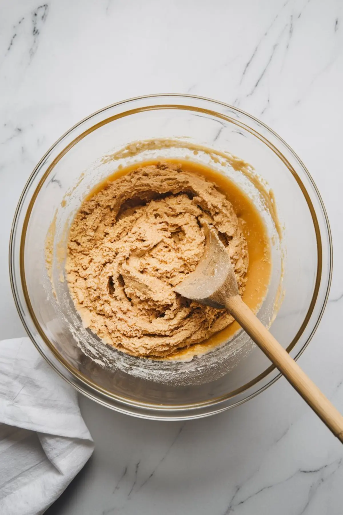 Pumpkin muffin batter in the process of mixing with dry ingredients in a clear bowl, forming a light and fluffy texture with a wooden spoon.