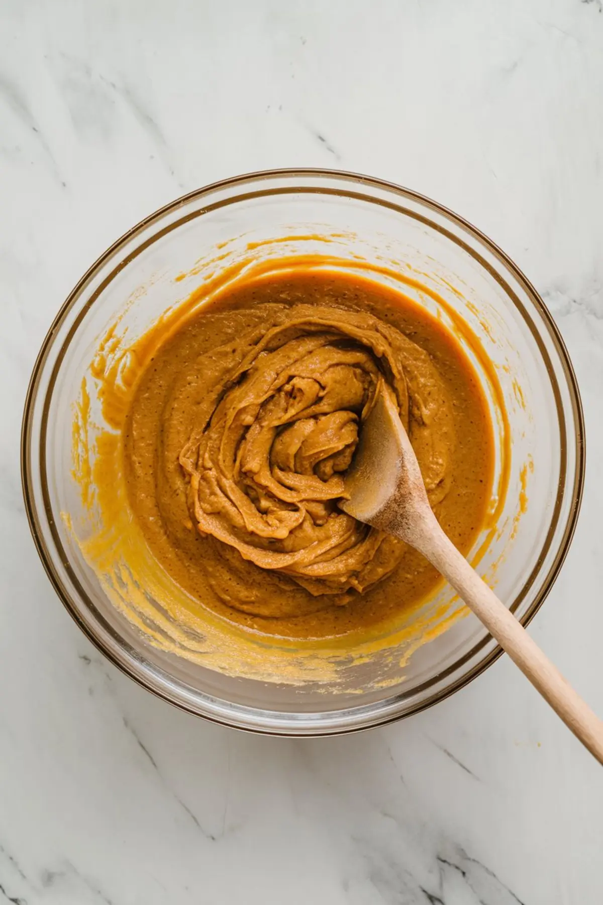 Thick pumpkin muffin batter in a glass mixing bowl with a wooden spoon, showing a smooth, spiced orange mixture on a marble surface.