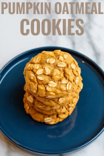 Close-up of a stack of soft and chewy pumpkin oatmeal cookies on a blue plate, topped with whole oats and set on a white marble surface with the text “Pumpkin Oatmeal Cookies” at the top.