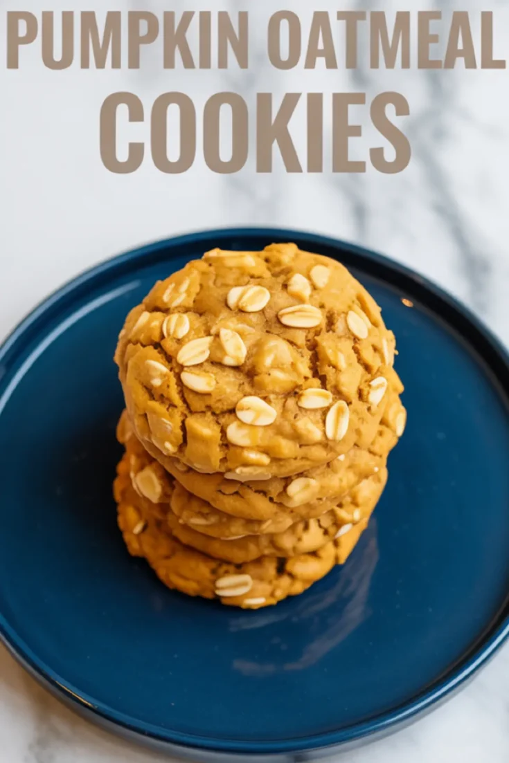 Close-up of a stack of soft and chewy pumpkin oatmeal cookies on a blue plate, topped with whole oats and set on a white marble surface with the text “Pumpkin Oatmeal Cookies” at the top.