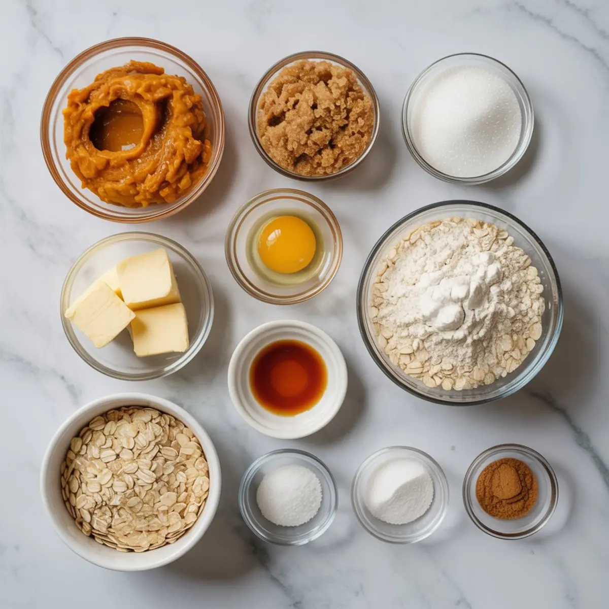 Overhead view of individual pumpkin oatmeal cookie ingredients in small glass bowls on a marble surface, including canned pumpkin puree, brown sugar, granulated sugar, unsalted butter, vanilla extract, egg, all-purpose flour, rolled oats, baking soda, baking powder, salt, and ground cinnamon.