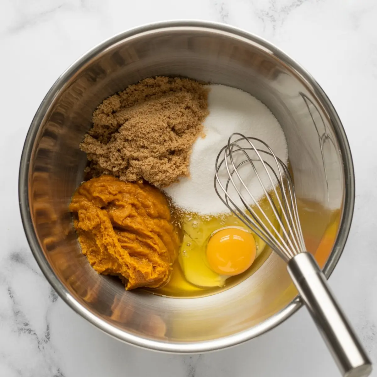 Mixing bowl containing pumpkin puree, brown sugar, white sugar, an egg, and vanilla extract, with a metal whisk placed inside, all sitting on a white marble counter.
