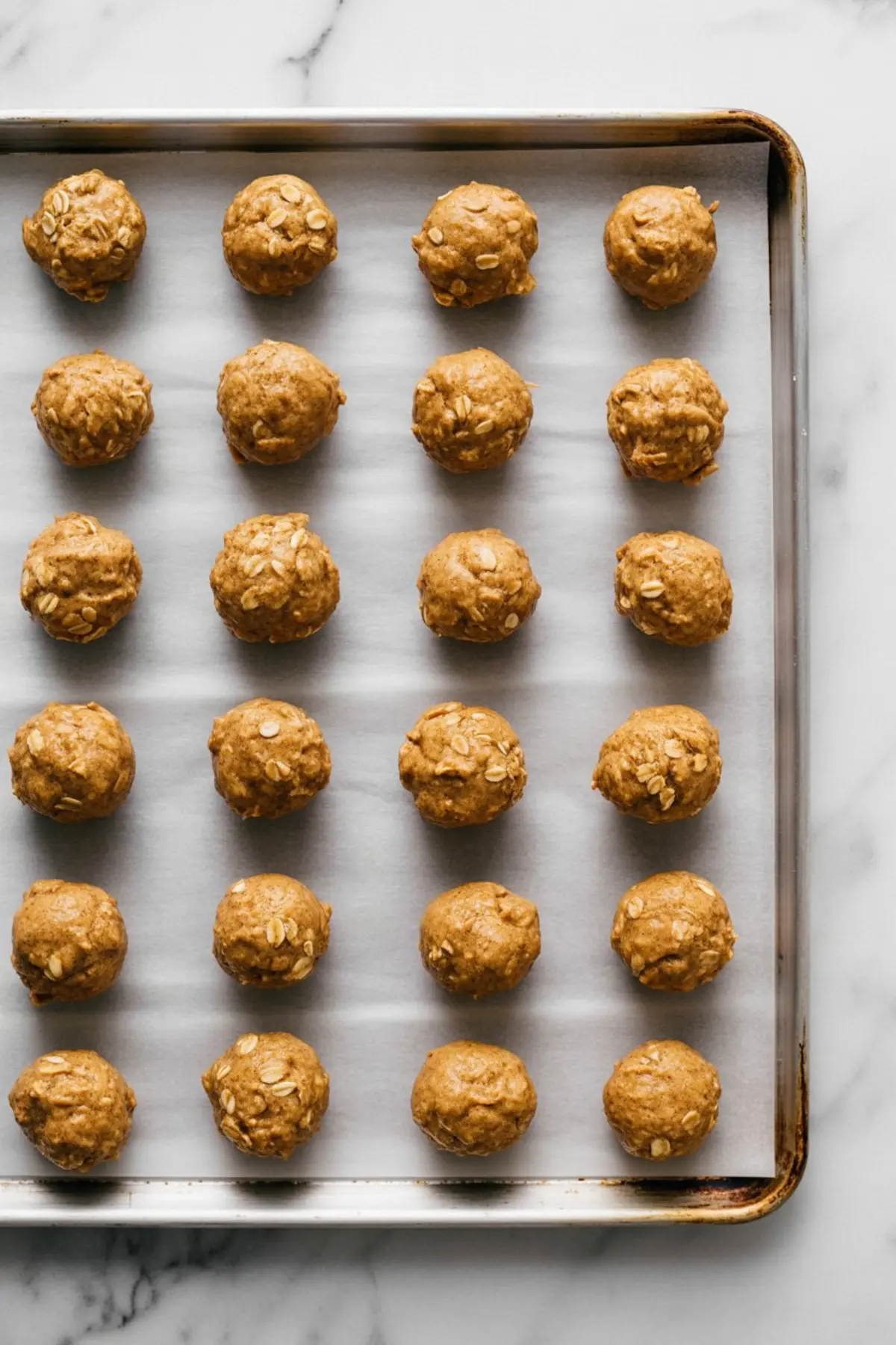 Raw pumpkin oatmeal cookie dough scooped into uniform balls and arranged in neat rows on a parchment-lined baking sheet, ready to bake.