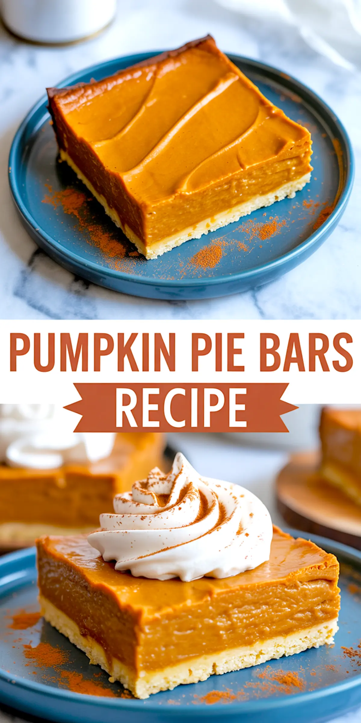 Collage of pumpkin pie bars on blue plates, featuring a close-up of a smooth-textured pumpkin filling slice, and another topped with whipped cream and cinnamon dusting.