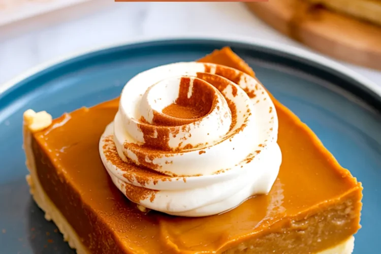 Close-up of a pumpkin pie bar slice with a swirl of whipped cream and cinnamon on a blue plate, emphasizing the creamy pumpkin layer and golden crust.
