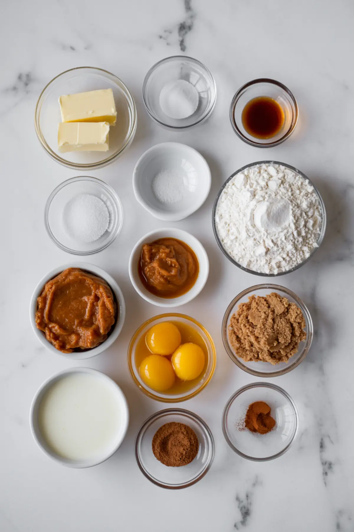 Flat lay of baking ingredients on marble including pumpkin puree, brown sugar, flour, eggs, butter, milk, baking soda, baking powder, vanilla extract, salt, cinnamon, nutmeg, and peanut butter, arranged for a pumpkin dessert recipe.