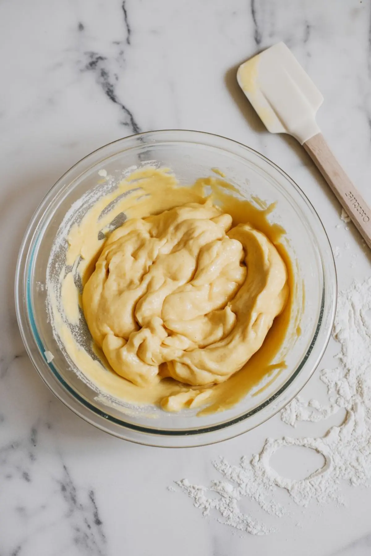 Glass bowl filled with smooth yellow batter on a floured marble countertop, accompanied by a white rubber spatula.