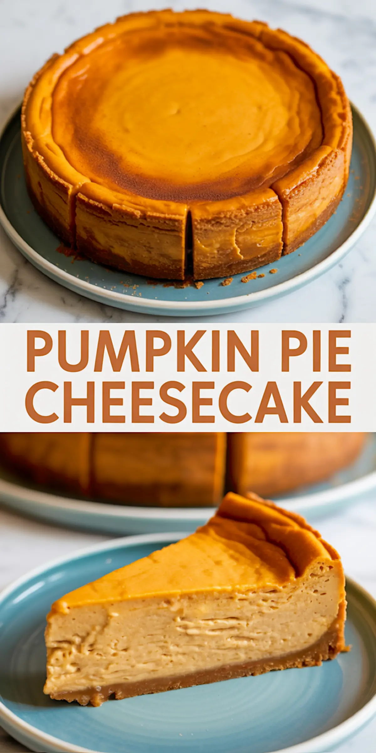 Golden-baked pumpkin pie cheesecake on a blue ceramic plate with a slice cut out, revealing the creamy pumpkin filling and spiced crust.
