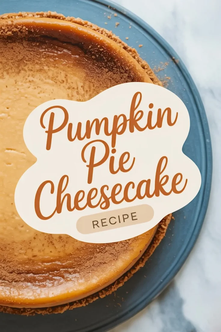 Top-down view of a pumpkin pie cheesecake with a smooth, golden-orange surface, decorated with cinnamon dust and a graphic text overlay reading “Pumpkin Pie Cheesecake Recipe.”