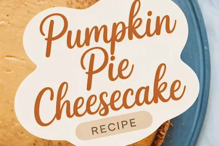 Top-down view of a pumpkin pie cheesecake with a smooth, golden-orange surface, decorated with cinnamon dust and a graphic text overlay reading “Pumpkin Pie Cheesecake Recipe.”