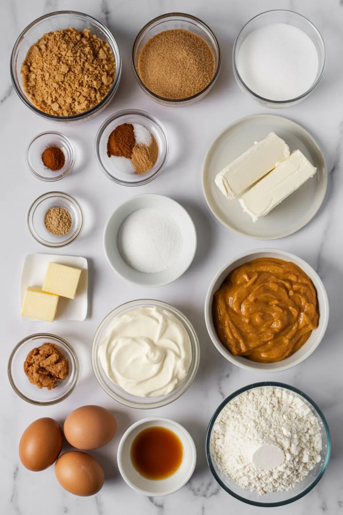 Flat lay of pumpkin pie cheesecake ingredients on a white marble surface, including brown sugar, granulated sugar, graham cracker crumbs, cream cheese, sour cream, pumpkin puree, eggs, butter, vanilla extract, flour, and fall spices like cinnamon, nutmeg, and ginger.
