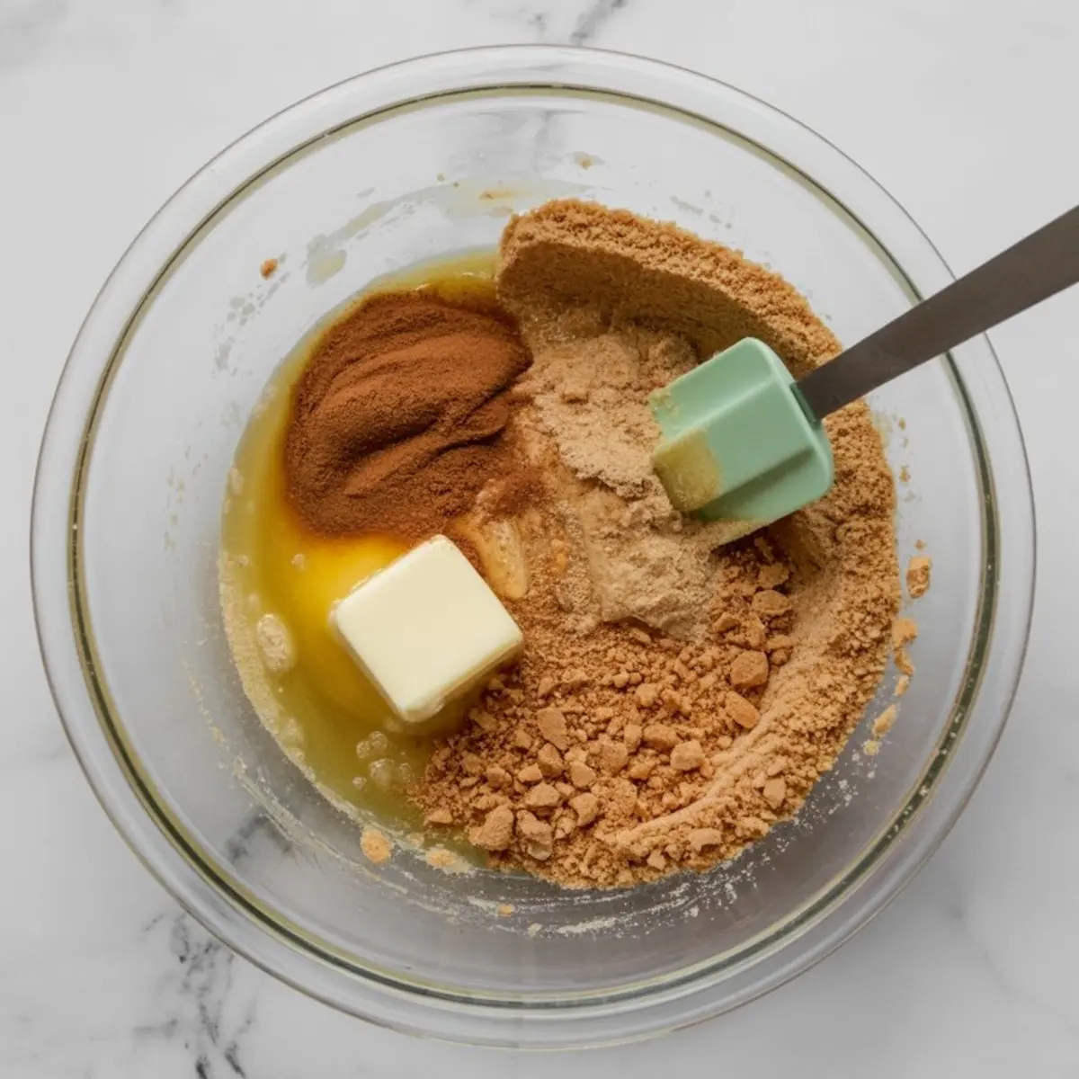 Glass mixing bowl filled with melted butter, graham cracker crumbs, cinnamon, and ground ginger being stirred with a mint green spatula for a spiced cheesecake crust.
