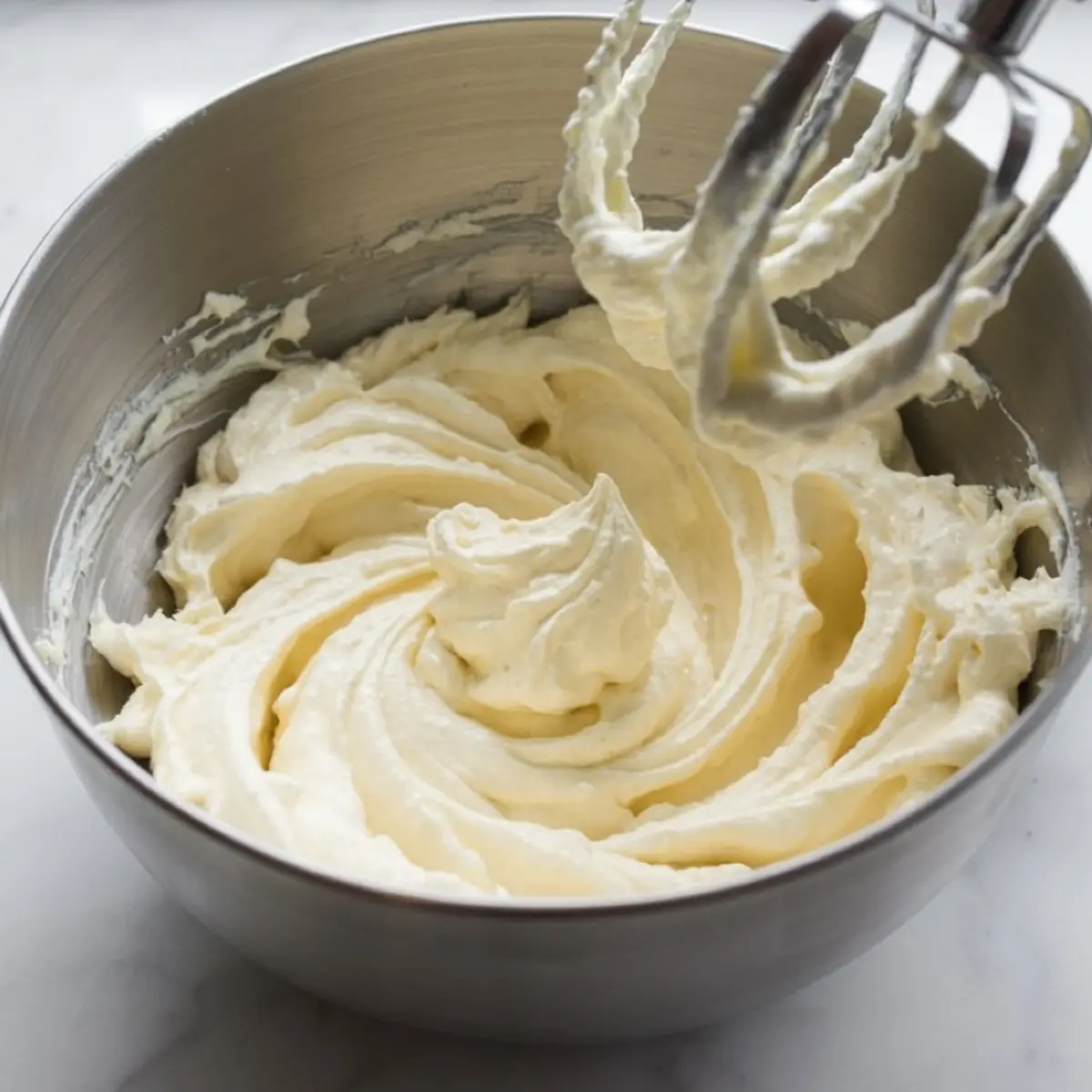 Cream cheese and sugar mixture whipped to a smooth, fluffy consistency in a stainless steel mixing bowl using an electric hand mixer.
