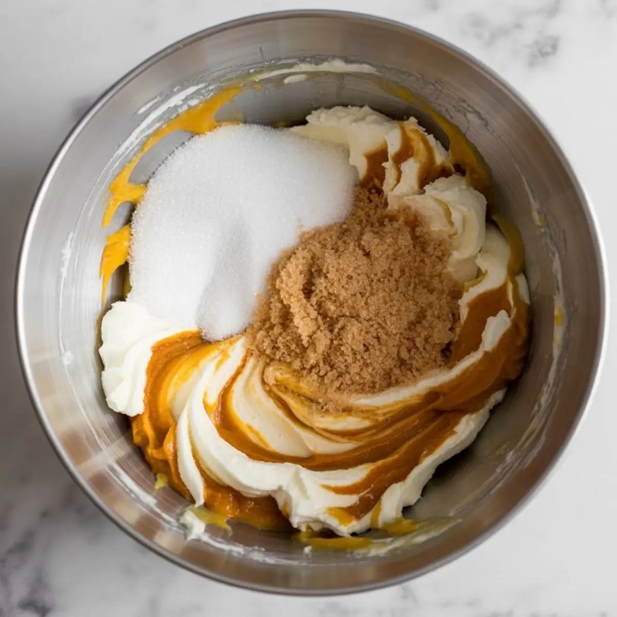 Creamy pumpkin puree, brown sugar, granulated sugar, and whipped cream cheese mixture combined in a mixing bowl for a rich pumpkin cheesecake filling.
