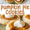 Collage of pumpkin pie cookies with a whipped cream swirl, including a close-up of a soft, moist cookie interior and bold recipe title in the center.