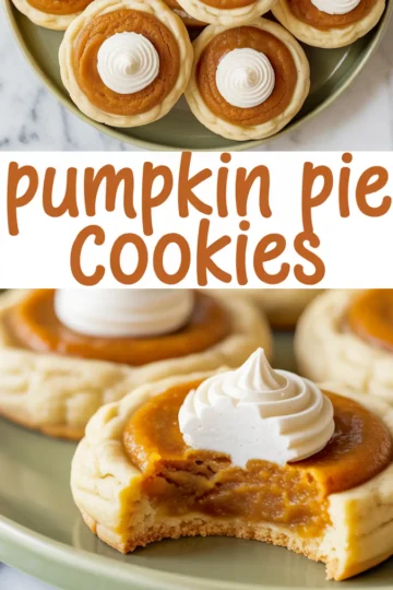 Collage of pumpkin pie cookies with a whipped cream swirl, including a close-up of a soft, moist cookie interior and bold recipe title in the center.