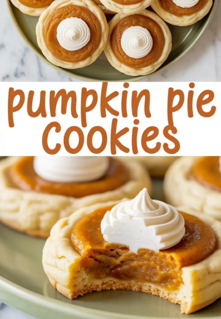 Collage of pumpkin pie cookies with a whipped cream swirl, including a close-up of a soft, moist cookie interior and bold recipe title in the center.