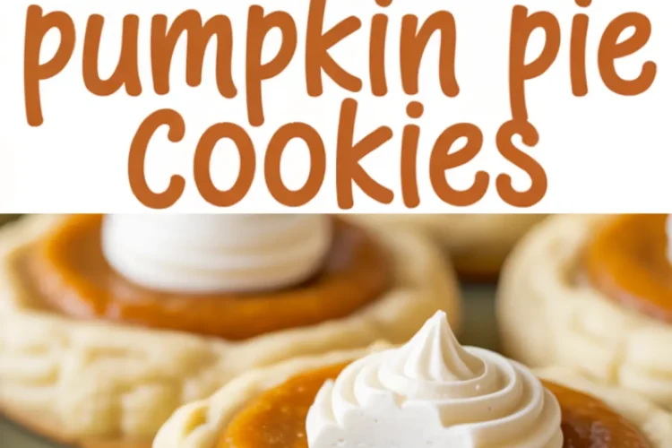 Collage of pumpkin pie cookies with a whipped cream swirl, including a close-up of a soft, moist cookie interior and bold recipe title in the center.