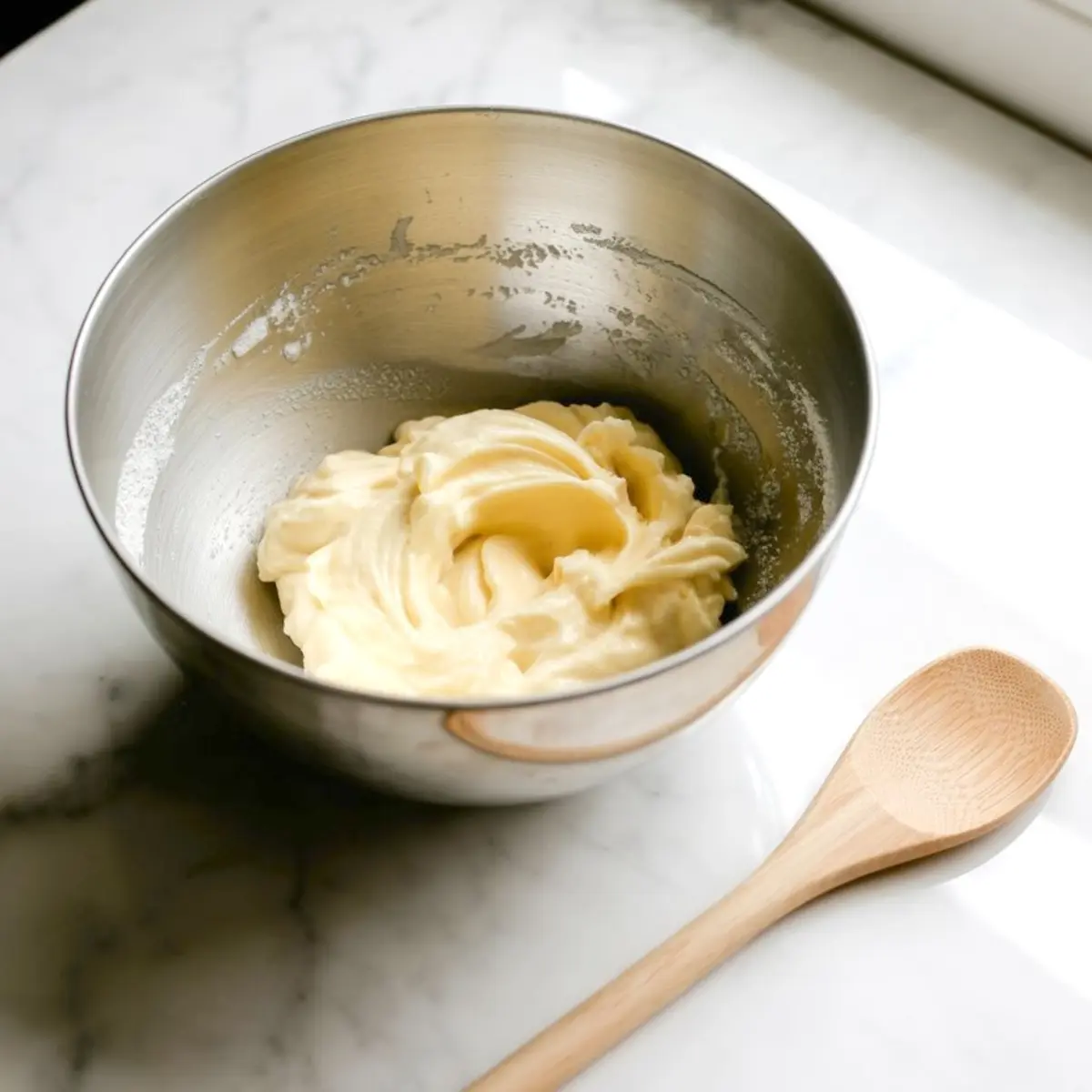 Fluffy butter and sugar mixture in a metal mixing bowl with a wooden spoon nearby, prepared for cookie dough.