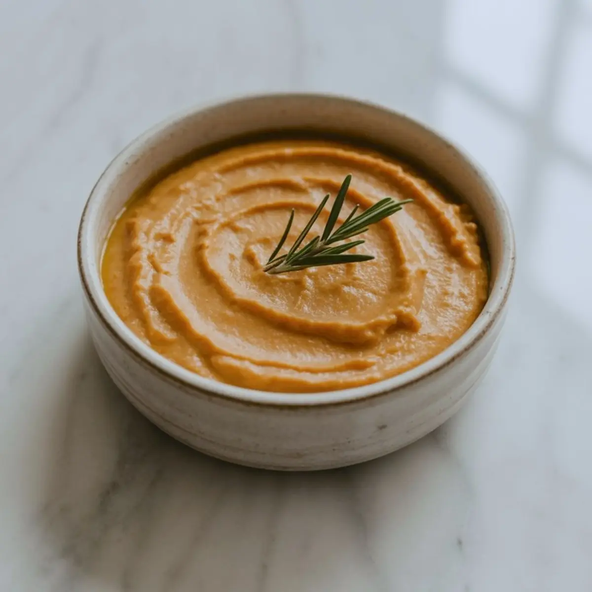 Creamy pumpkin filling in a ceramic bowl garnished with a sprig of rosemary on a marble countertop.
