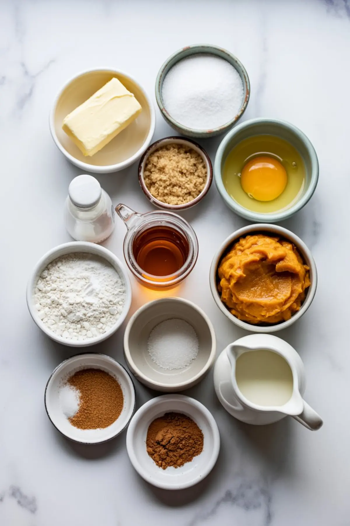 Overhead view of ingredients for baking pumpkin pie cookies, including butter, eggs, sugar, pumpkin puree, flour, spices, and vanilla extract.