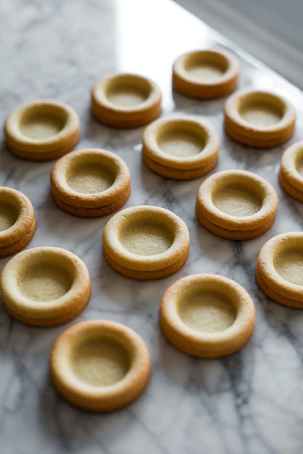 Baked sugar cookie cups with indented centers arranged on a marble surface, ready for filling.